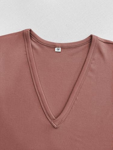 Image of Albe Rita Women Short Sleeve T-Shirt Cap V Neck Shirts for Women Ribbed Casual Top Knit Slim Fit for Summer