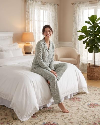 Image of Laura Ashley Women's Plush Knit Pajamas 2 Piece Ultra Soft Brushed Long Sleeve Button Down Top and Pants Sleepwear Set