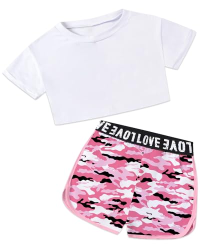 Image of Betusline Girls Summer 2 Piece Outfits,Kids Short Sleeve Crop Top & Shorts Set with Side Pockets