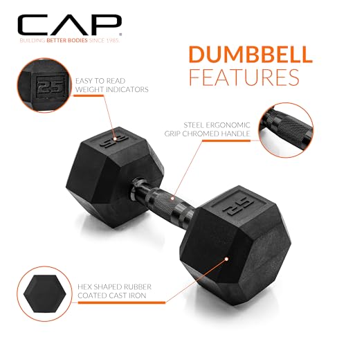 Image of CAP Rubber Coated Dumbbell Weights, Free Weights for Home Gym Strength Training, Anti-Roll Hex Dumbbells with Black, Chrome & Comfort Grip Handles, Singles