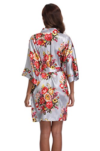 Women's Bridesmaid Robe Short Floral Wedding Kimono Robe Satin Floral Kimono Bathrobe for Bridal Wedding Party Sliver L - Thumbnail 5