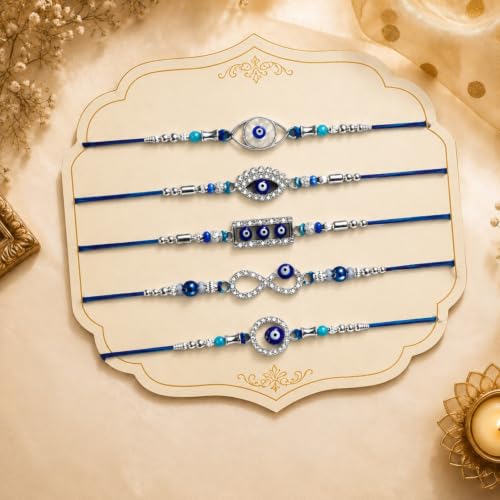 Image of Oblivion 5 Mixed Rakhi Combo for Bhaiya with Roli Tikka, Silver Color Pooja Coin & Greeting Card | Handmade Multicolor Beads Thread Design, Traditional Rakshabandhan Festive Gift Set, Pack of 8