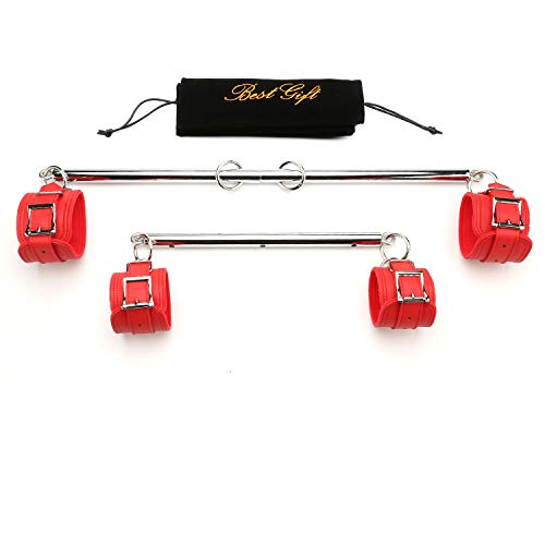Sovyime 2pcs Silver Adjustable Spreader Bar Set Expandable Workout Training Bars with 4 Fur Red Straps Exercise Fitness Strength Home Gym Gear