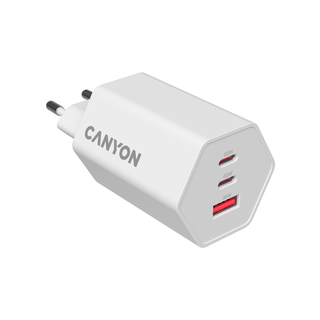 CANYON HEXAGON 65 GaN 65 W Wall Charger, 2 porty USB-C PD i port USB-A QC, 3 porty Fast Charging EU Power Adapter, biała