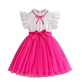 Girls Flutter Sleeve Party Dress (Ages 3-10) | Fashionable Bow-Patterned Mesh Princess Dress with Attached Waist Belt Hot Pink