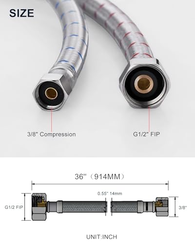 ALEASHA 36\'\' Kitchen Faucet Hose Stainless Steel Braided cUPC Sink Supply Line with G1/2\" FIP x 3/8\" Compression Faucet Water Supply Line Connector 2 PCS - Thumbnail 5