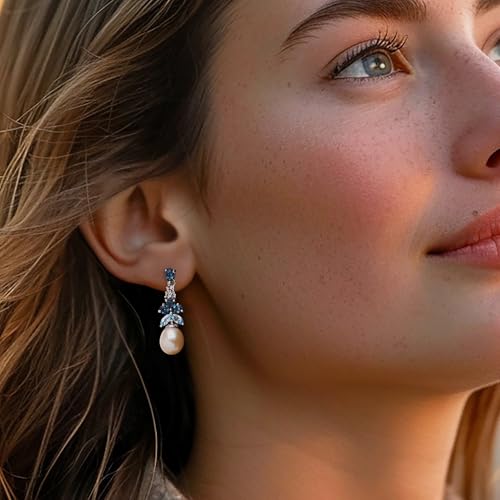 Ross-Simons 8.5-9mm Cultured Pearl and 2.30 ct. t.w. London, Sky Blue and White Topaz Drop Earrings in Sterling Silver2