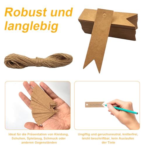 200 Stück Geschenkanhänger & Etiketten, Kraftpapier Anhänger Etiketten Craft Tags 2x7cm mit Naturjuteschnur 40M, Anhänger für Hochzeitsdekoration,Weihnachten,Geschenkverpackung,DIY-Projekte,Handwerk
