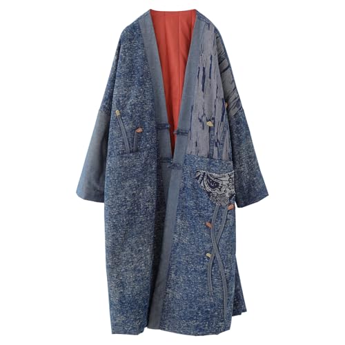 FioraMosaic Vintage Chinese Style Denim Duster Coat for Women Button - up Long Jacket with Patchwork Pockets (US, Alpha, One Size, Regular, Regular, Denim Blue)
