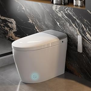 Smart toilet bidet toilet with pump assisted flush foot sensor operation heated bidet seat warm water dryer digital display night light tankless toilet with cleaning foam dispenser  urban country home decor