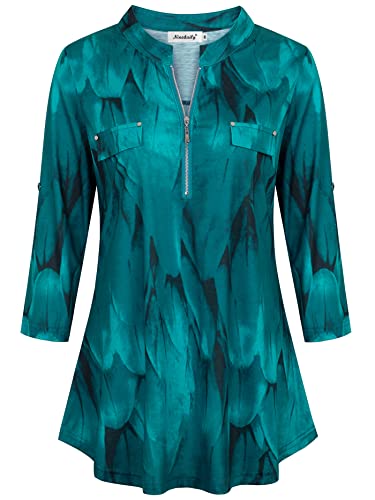 Ninedaily Women Spring Fashion 2023, Womens Tops Dressy, Women's 3/4 Sleeve Shirts Zip Floral Casual Tunic Blouse Tops, Peacock Blue,Size Xl #TOP1