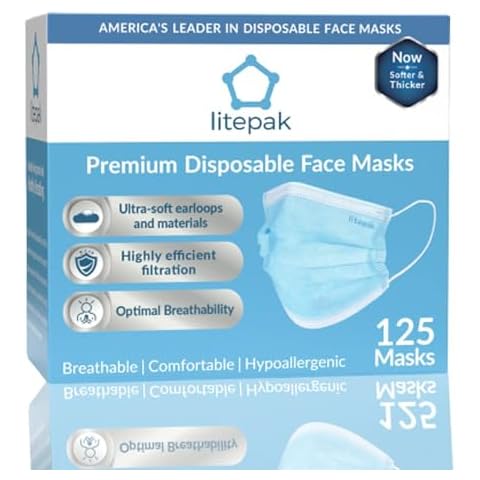 Litepak 125-Pack Disposable Face Mask Premium Comfort Earloops with Dispenser Box Cover