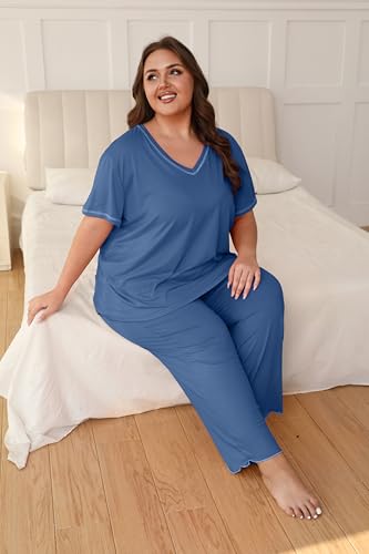 Image of Vozanet Women's Plus Size Pajama Sets Short Sleeve Long Pants Solid Color with Piping Trim Elegant Loungewear Cozy Sleepwear