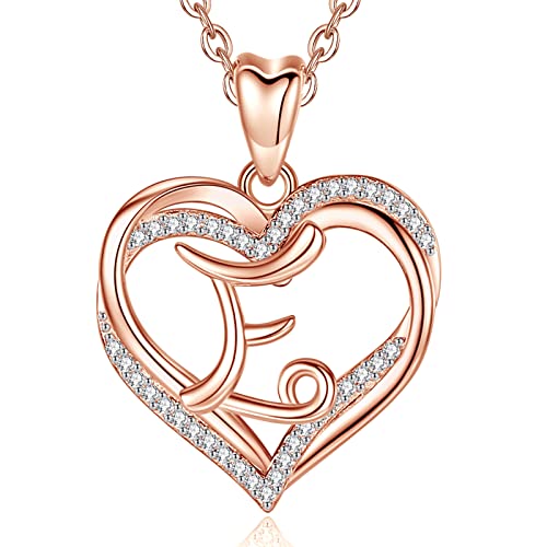 INFUSEU Lettre Collier pour Femme Or Rose Initiale E Coeur Cubique Zircone CZ Bijoux pour Dame Femme Mère Petite Amie Cadeaux Romantiques, Chaîne de 20 Pouces Cover
