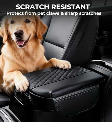 Image of Center Console Cover for Chevrolet Silverado & GMC Sierra 2019-2026, Tahoe & Suburban & Yukon 2021-2026, Fits Bucket Seat Only, 1.2-Inch Thick PU Leather Armrest Protector with 2 Side Pockets