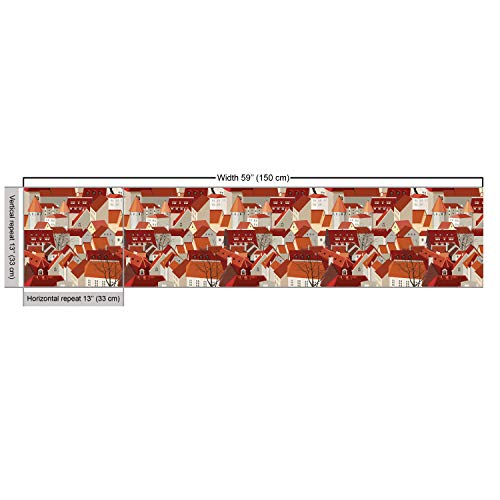 Image of Ambesonne City Fabric by The Yard, Landscape Illustration with Tile Roof Pattern Urban Architecture Ornamental Design, Decorative Fabric for Upholstery and Home Accents, 2 Yards, Burgundy Cinnamon
