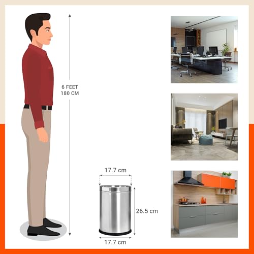 Image of Bathla Stainless Steel Leather Waste Bins | Garbage Trash Can | Round Shape| Dustbin For Home, Bathroom, Kitchen, Office |