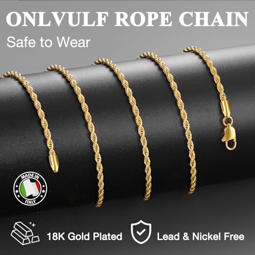 3mm 18K Gold Plated Rope Chain Necklace for Men, World's Top Craftsmanship Gold Stainless Steel Necklace for Men, Non Tarnish & Sturdy Men's Chain Necklaces 16 18 20 22 24 26 Inch2