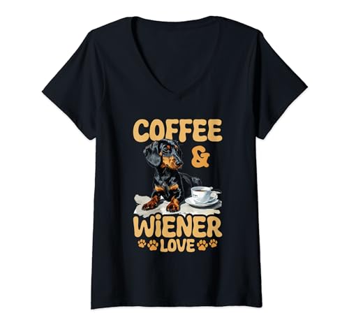 Mujer Dachshund y café Doxie Coffee & Wiener Love Camiseta Cuello V