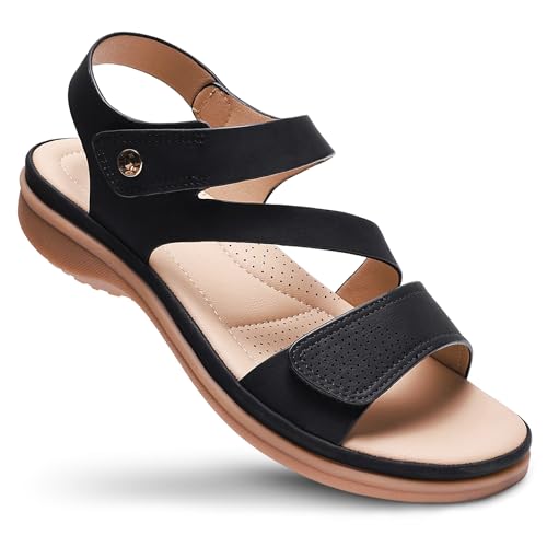 Littleplum Damen Sandalen Sommer Freizeit Frauen Arch Support Flache Sandalen,Schwarz,39 EU