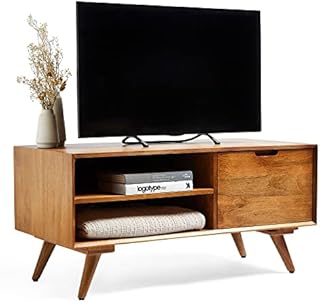 Spinningfield Mango Wood TV Unit  Wooden TV Cabinet - For TV's up to 42" - Entertainment Unit w/Storage Cupboard & Open Shelves - 50kg Capacity - Luxury Mid Century Style - For Living Room - Buxton