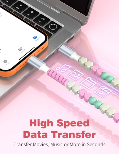 Image of USB C to USB C Cable 3FT,60W Fast Charging Beaded Charger Cord for iPhone 17 16 Pro Max 15 /iPad Pro 11 Air for Samsung S26 S25 S24 A17 /Android Phone Charge Cord Cute Girl Women,Mint+Pink Heart Beaded