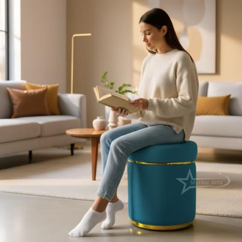 Image of Ottoman Stool for the Living Room Ottoman Pouffes for Sitting, Puffy Stool for Living Room Dressing Table Stool Aqua