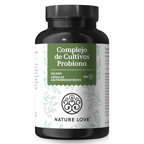 NATURE LOVE® Complejo de cultivos Probiona (Probioticos) - 20 cepas bacterianas + inulina ecológica - 180 cápsulas gastrorresistentes - 20 mil millones de UFC por dosis diaria - Vegano