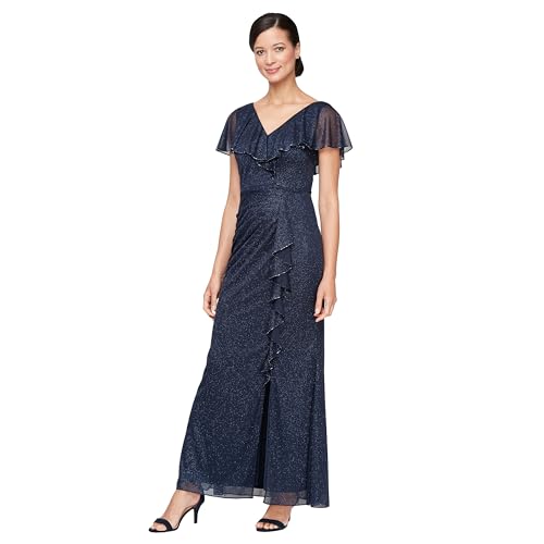 Image of S.L. Fashions Women's Glitter Mesh Stretch Dress W /Shoulder Embellishment Formal Long Gown, (Petite and Regular Sizes)