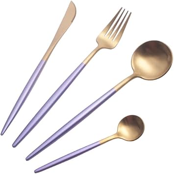 Silverware Set, 4/16/24/32 Piece Creative And Simple 304 Stainless Steel Tableware Set Jufeng Stainless Steel Knife, Fork And Spoon, Home Cutlery Flatware SetPurple,4 Pieces for 1
