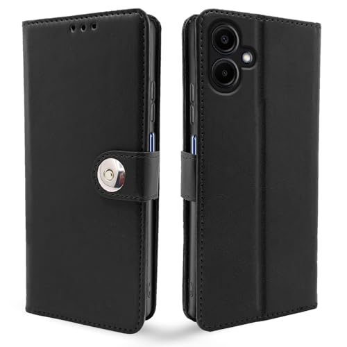 Image of Pikkme Flip Cover Leather Finish | Inside TPU with Card Pockets | Wallet Stand and Shock Proof | Complete Protection Button Flip Case for Samsung Galaxy A06 (Black)