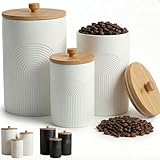 Ceramic Kitchen Canisters for Countertop Set of 3 with Airtight Bamboo Lids - White Kitchen Canisters with Airtight Lids - Flour Sugar Canister Set - Flour and Sugar Containers Farmhouse - Coffee Jar