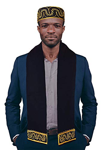 Adebo Black and Gold Embroidered African Hat and Sash/Scarf