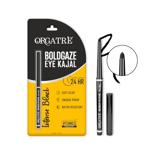 Image of Orgatre Boldgaze Eye Kajal | Waterproof, Smudgeproof - 24 Hours Long Stay - Darkest Black- One Swipe Application - Vitamin E, Provitamin B5 and Castor Oil - 0.35 Gm, Matte Finish