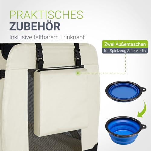 Juskys Hundetransportbox Lassie M faltbar & tragbar 42x60x44 cm mit Decke, Tasche & Griffen - Faltbare Transportbox für Hunde, Katzen & Haustiere - Oxford Stoff Hundebox Auto Hundetasche - Beige