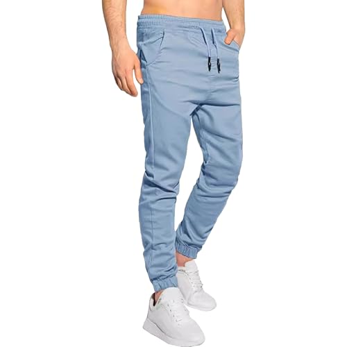 Men's Casual Classic Tactical Pants Slim Fit Soft Twill Pockets Jogger Comfort Hiking Cotton Sweatpants (Blue,Large)
