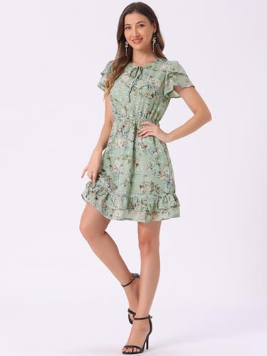Image of Allegra K Women's Ruffle Sleeve Self-Tie V Neck Flowy Ruffled A-Line Floral Chiffon Dress
