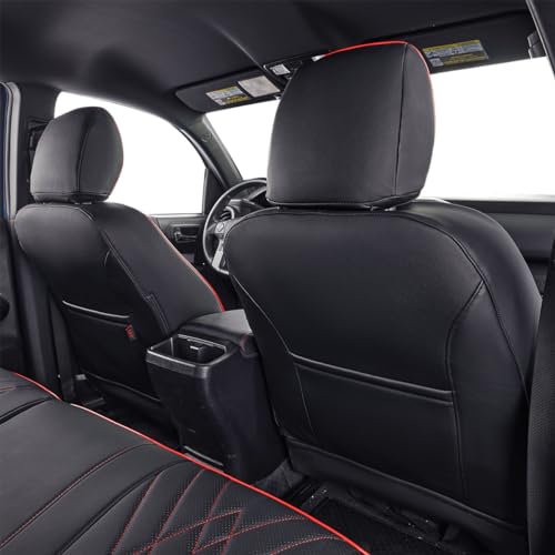 Image of EKR Custom Fit Tacoma Car Seat Covers for Toyota Tacoma 2024 2025 2026 Xtra Cab SR - Full Set,Faux Leather(Black with Red Trim)