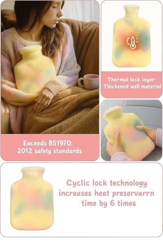 Image of Hot Water Bag with Soft Plush Cover 1000ml, Medical-Grade Silicone Hot & Cold Therapy Hot Water Bottle for Period Cramps, Back Pain, Muscle Aches & Body Relaxation & Comfort (Pastel Ombre)
