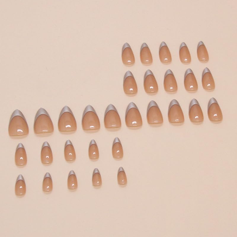 JUSTOTRY 24 Pcs Gold Almond Short False Nails Pattern,Nude Press on Nails,Glossy Fake Nails Medium for Nail Art,French Oval Stick on Nail for Women Gifts - Image 3