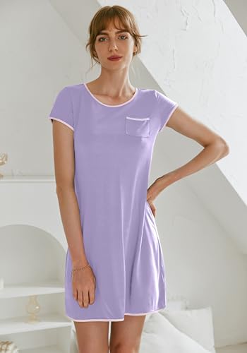 Image of Ekouaer Womens Nightgown Sleep Shirt Dress Satin Patchwork Short Sleeve Sleepwear with Pocket