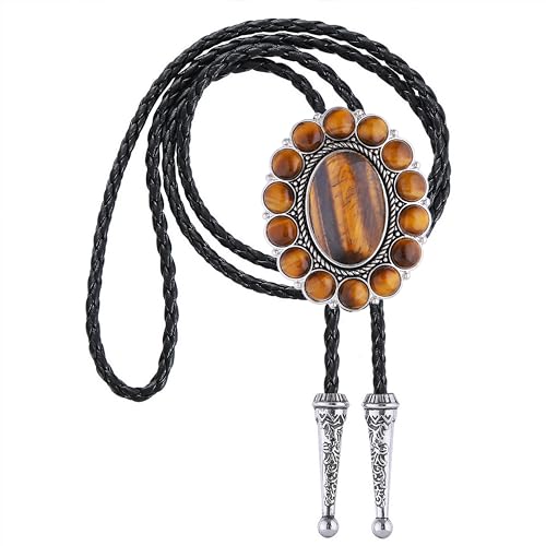 Image of GelConnie Bolo Tie for Men Women Western Cowboy Turquoise Leather Necktie | Natural Stone Bolo Tie Necklace for Women Rodeo Cowboy Leather Necktie Native American Western Cowgirl Ties Adjustable Cord