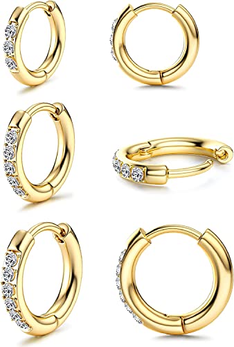 MILACOLATO 3 Paires CZ Petites Boucles d'Oreilles Créoles pour Femme Acier Inoxydable Cartilage Huggie Hoop Lobe Boucles d'Oreilles Argent Or Hinged Hoop Oreille Piercing Bijoux 8mm 10mm 12mm Cover