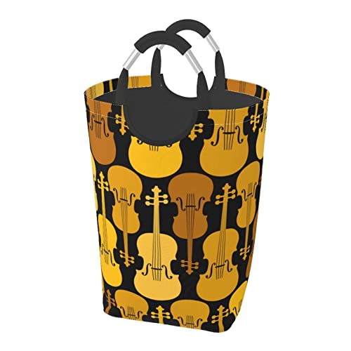 黄色いバイオリン パターン ランドリーバスケット ランドリーかご 洗濯ボックス 収納ボックス 収納バッグ 袋 おしゃれなインテリア雑貨 防水取っ手付き 折りたたみ 大容量 幅32×高さ58(cm)