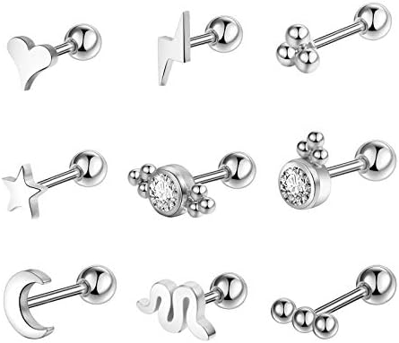 Toppiercing 9 Pcs Stainless Steel Stud Earrings Set 20g Screw Back Ball Tragus Stud CZ Rhinestone Cartilage Earrings Helix Ear Piercing Jewelry