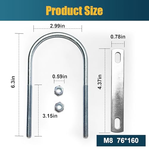 Image of 2 Sets M8 U-Bolt, 3 inch Wide U Bolt with Washers and Nuts, Heavy Duty Galvanized Carbon Steel Round U Bolts for Trailers, Boats, Replacement Parts and Accessories for Ski Boat, Fishing Boat