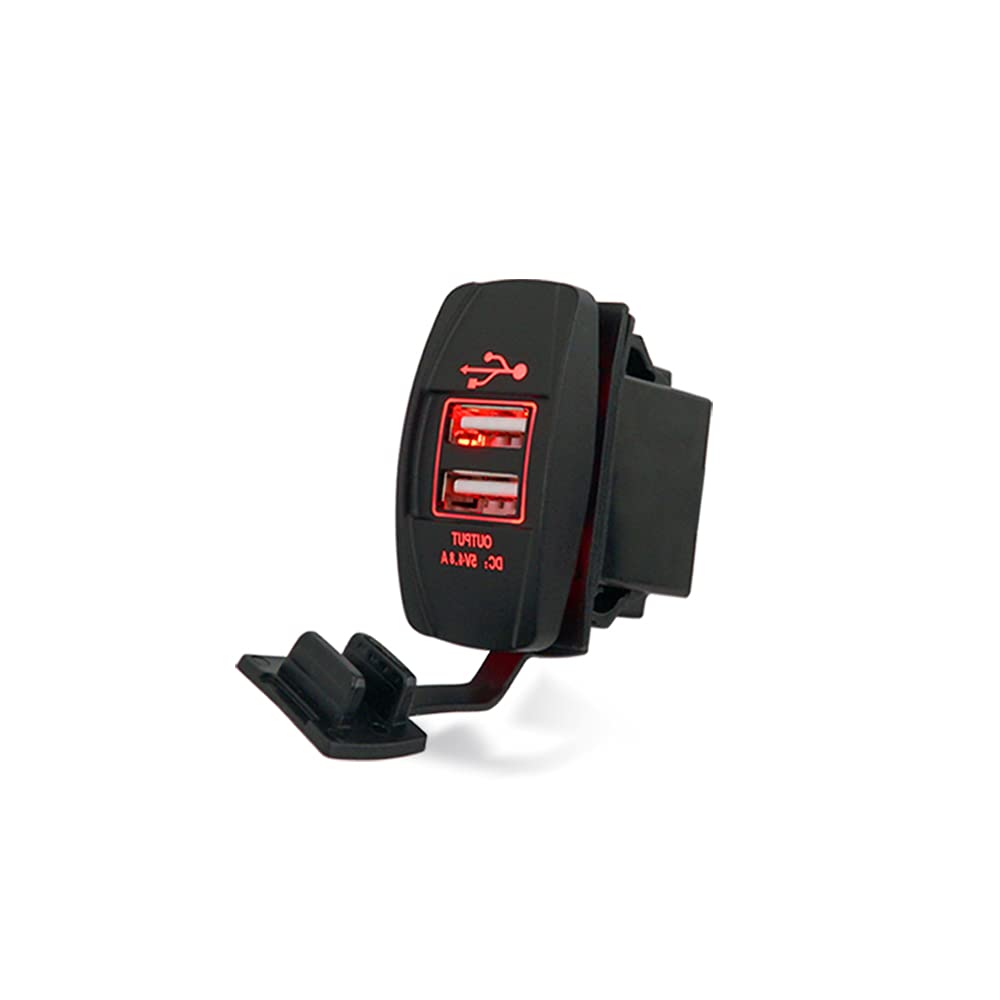 4.8A Dual USB Port Socket Charger Rocker Style, Waterproof 2.4A Fast Charge Mount, 12V/24V Marine Boat Motorcycle SUV Bus Truck Yacht Rocker Switch Panel(4.8A Red Square USB Charger)