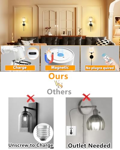Image of Adetu 23 inch Crystal Battery Operated Wall Sconce Set of 2 | Black Rechargeable Wall Sconce with 10000mAh Magnetic Bulbs, RGB Dimmable Wireless Wall Lamp for Bedroom Living Room