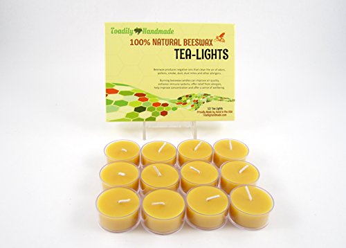 Toadily Handmade Beeswax Candles 12 Hand Poured Beeswax Tea-Light Candles in Natural - Plastic Cups & Chemical Free Cotton Wicks - 100% Beeswax Candles Made in The USA