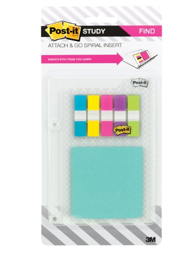 Post-it Study Attach and Go Insert for Spiral Notebooks, includes Attach and Go Full Adhesive Notes and Flags